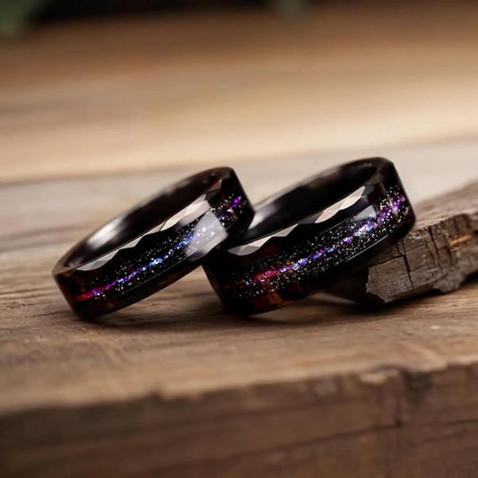 Galaxy Glow Tungsten Ring – Cosmic Black with Purple Nebula Sparkle