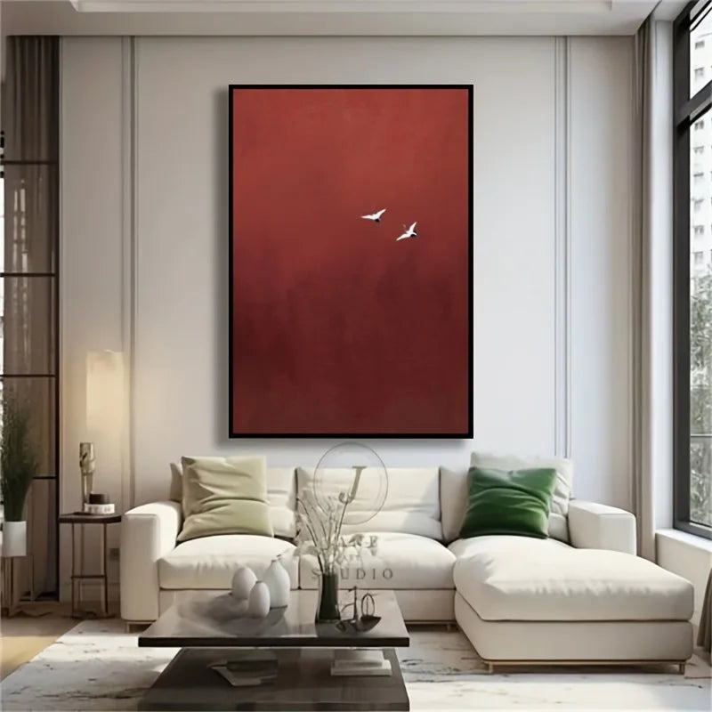 Red Minimalist Abstract Wall Art – Luxury Canvas with White Birds