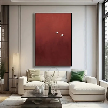Red Minimalist Abstract Wall Art – Luxury Canvas with White Birds