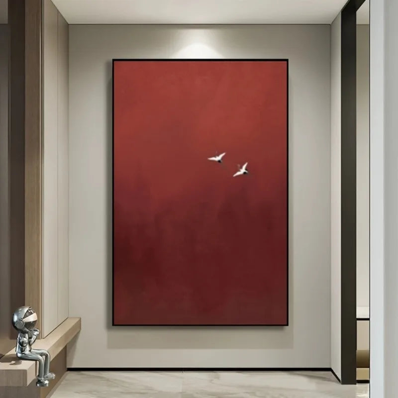Red Minimalist Abstract Wall Art – Luxury Canvas with White Birds