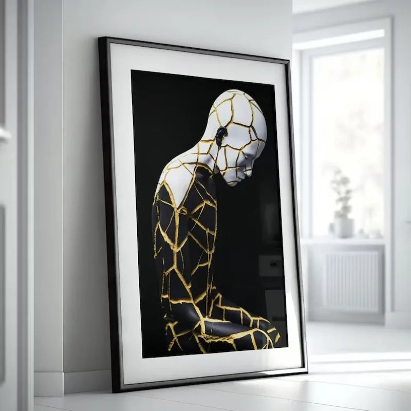 Kintsugi-Inspired Abstract Figure – Modern Black & Gold Wall Art