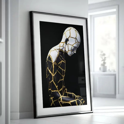 Kintsugi-Inspired Abstract Figure – Modern Black & Gold Wall Art