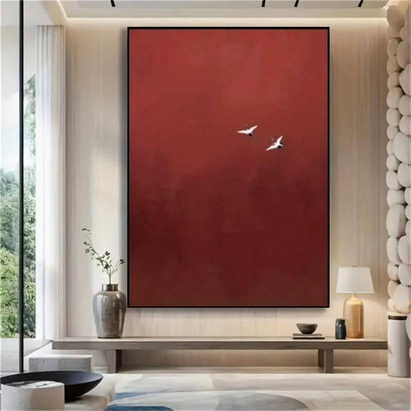 Red Minimalist Abstract Wall Art – Luxury Canvas with White Birds