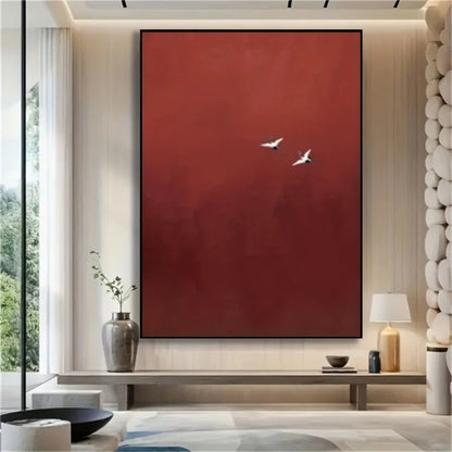 Red Minimalist Abstract Wall Art – Luxury Canvas with White Birds