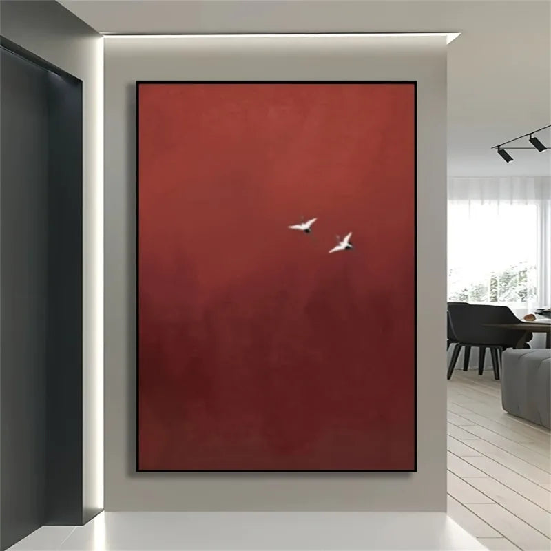 Red Minimalist Abstract Wall Art – Luxury Canvas with White Birds