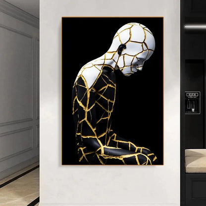 Kintsugi-Inspired Abstract Figure – Modern Black & Gold Wall Art