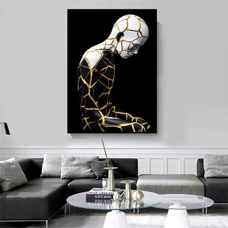 Kintsugi-Inspired Abstract Figure – Modern Black & Gold Wall Art