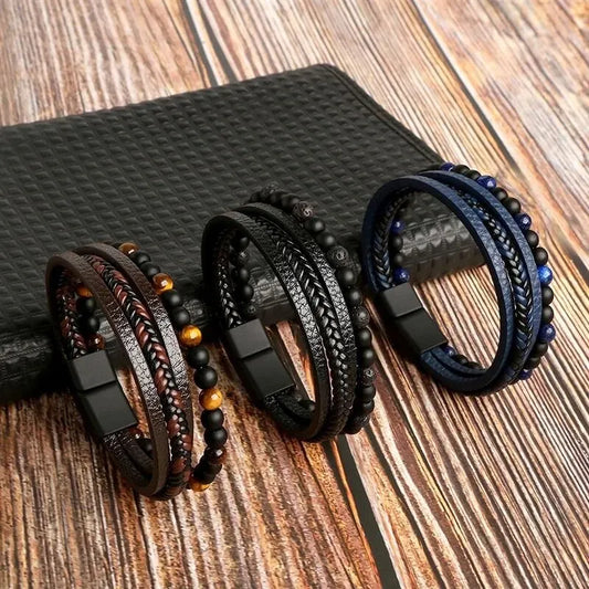 Men’s Braided Leather Bracelet with Beads – Adjustable Multi-Layer Design