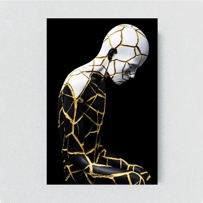 Kintsugi-Inspired Abstract Figure – Modern Black & Gold Wall Art